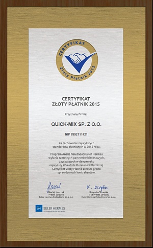 Spółka quick-mix zdobywcami Certyfikatu ZŁOTY PŁATNIK 2015' Blog